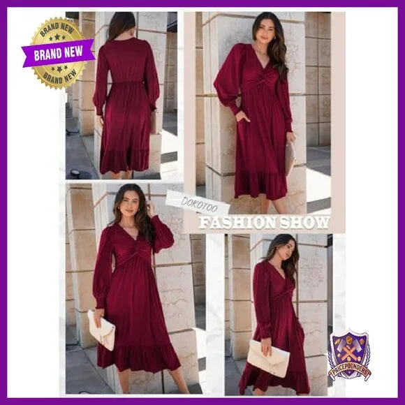 Wrap V-Neck Long Sleeve Empire Waist Midi Dress with Pockets - Picture 6 of 8